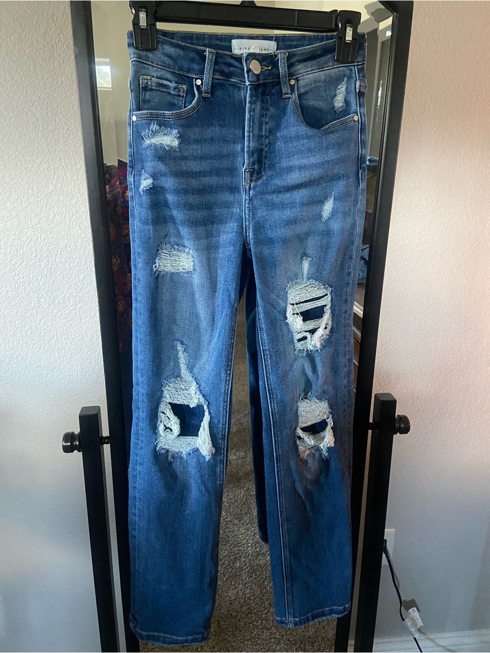 Women's Distressed Straight Leg Jeans in Dark Blue